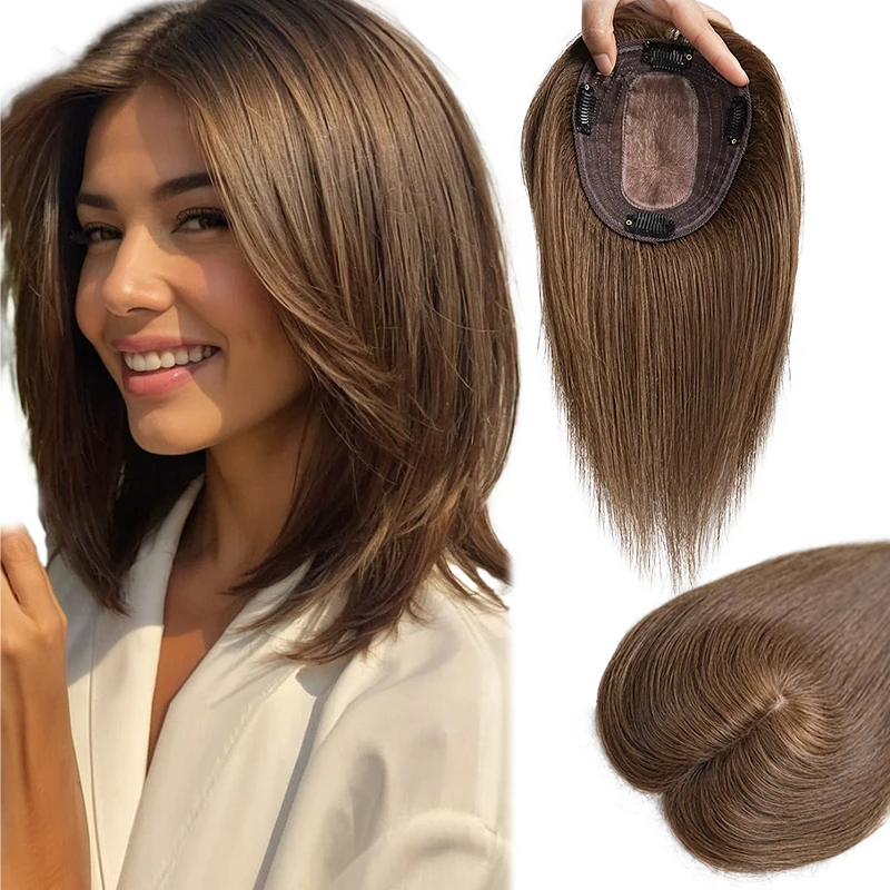100% Human Hair 10 Inch 13X12cm Hairnet Clip in Hair Invisible 3D Topper Extension Top Wig Piece for Women Daily Life