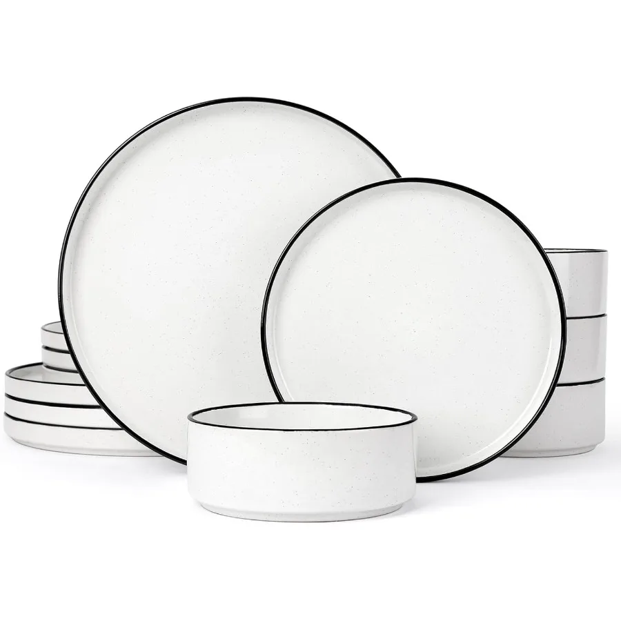

Nebula Plates and Bowls Sets for 4 12 Pieces Stoneware Dinnerware Set Microwave and Dishwasher Safe Dishes Set White with Black
