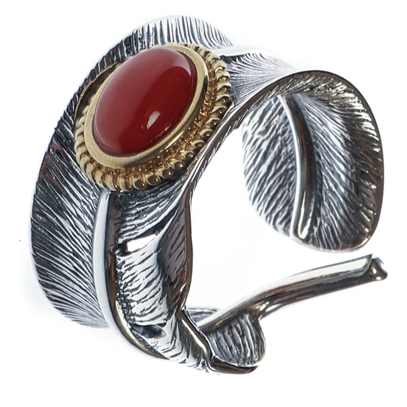 

Langyan 925 Sterling Silver Inlaid Southern Red Agate Adjustable Ring Vintage Thai Silver Craft Women's Open Feather Rings JZ154