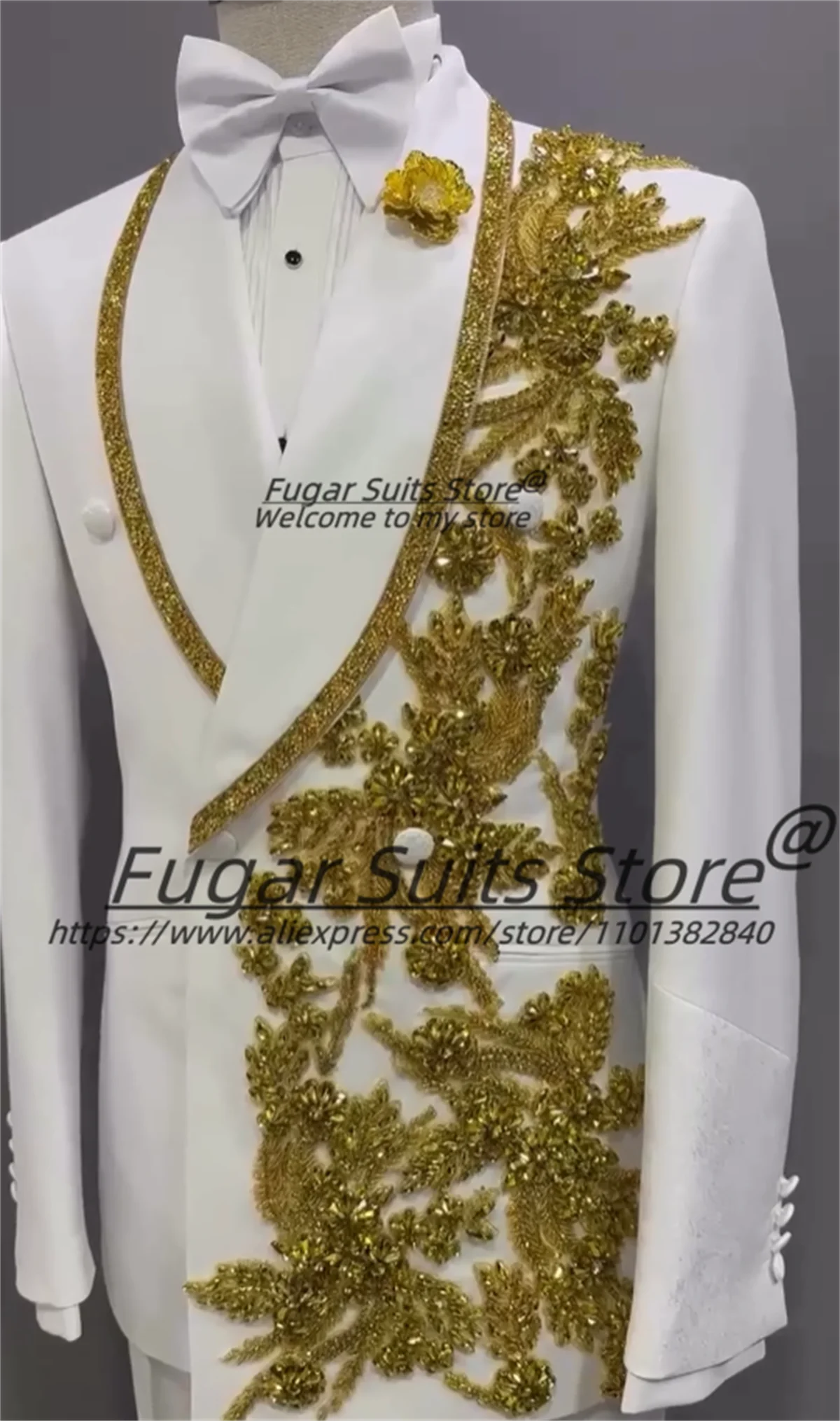 

Luxurious Rhinestone Embroidery Prom Men Suits Customized Slim Fit Shawl Lapel Groom Wedding Tuxedos 2 Pieces Sets Costume Homme