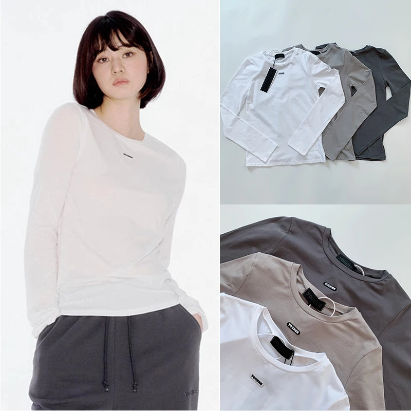 เสื้อยืดลำลองทรงเข้ารูปสำหรับผู้หญิง ปักโลโก้ สไตล์สลิมฟิต แขนยาว สีพื้น สำหรับฤดูใบไม้ผลิ สไตล์สตรีท