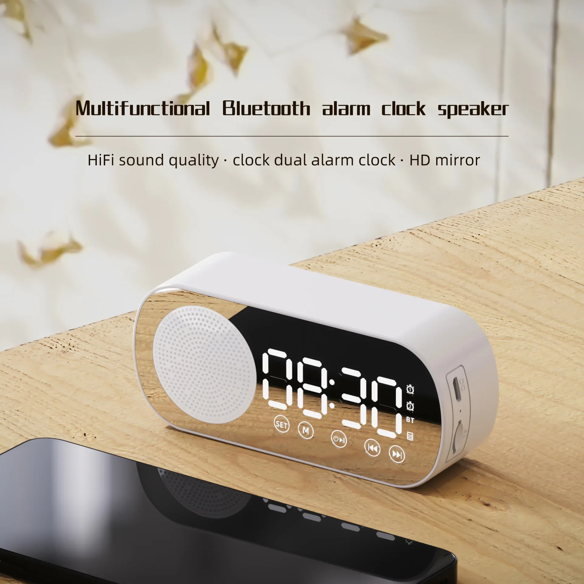 Mini Mirror Digital Alarm Clock Timer Dual Alarms FM Radio Wireless Speaker Subwoofer LED Clock for Desktop Home Decor
