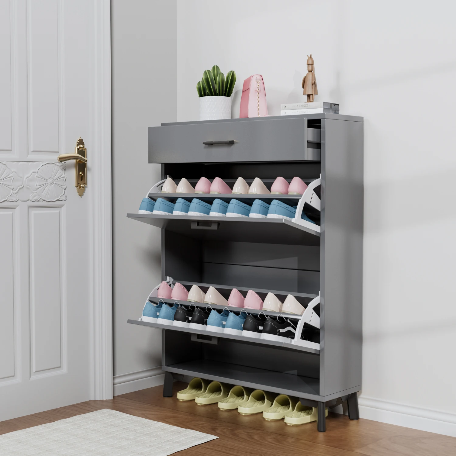 

Shoe Storage Cabinet for Entryway, Free Standing Shoe Organizer with 2 Flip Drawers, Hidden Shoe Rack Storage Organizer for Door