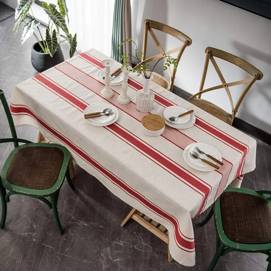 One farmhouse-style tablecloth - red and white horizontal stripes, linen material, suitable for kitchen, dining room, café. yzb