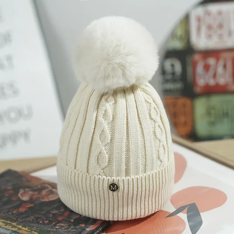 New faux fur pom pom knitted hat fashion winter hat for girl women warm beanies Plus velvet thickening