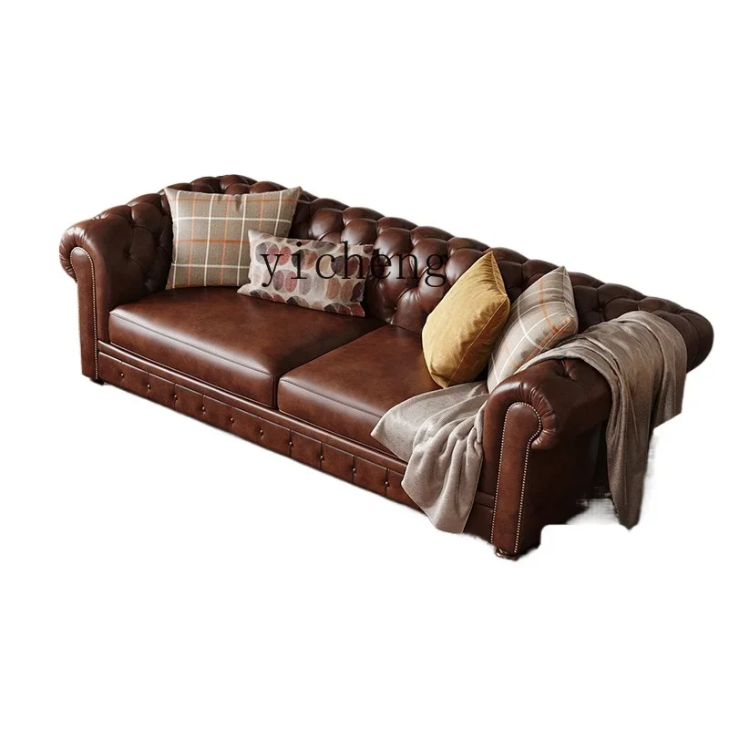 

Zf solid wood leather sofa straight row three-person combination first layer cowhide small apartment sofa