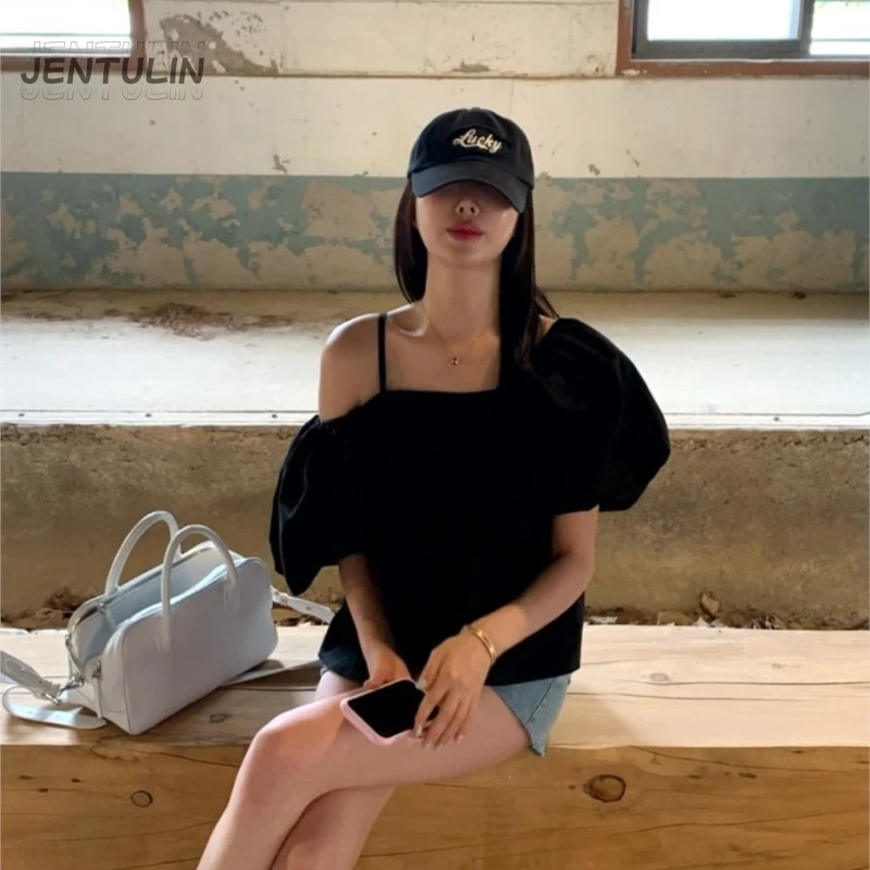 Korean Style Two Way Wear Black Bubble Sleeve Shirt Elegant Top Women Fashion Summer Short Sleeve Casual Business Lady's Blouse