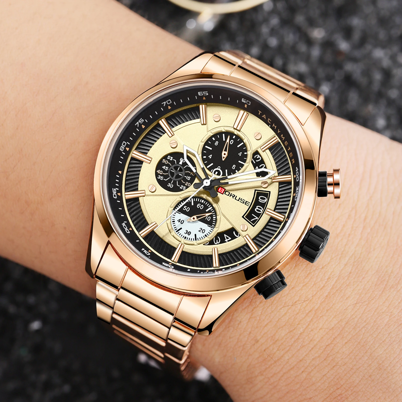 BORUSE Brand Watch for Men Design Stainless Steel Back Gold Chronograph Watches Waterproof Male Dress with Gifts Box