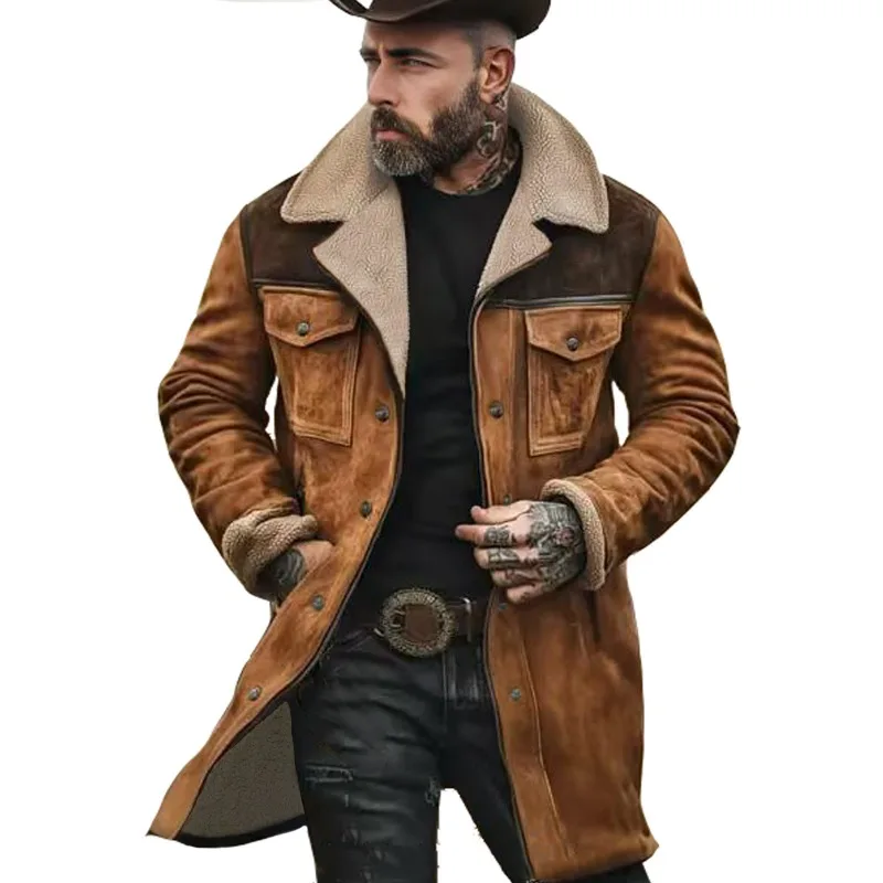 KIDWHXR Autumn Winter Men Contrast Color Jackets Multi-pocket Lapel Casual Windproof Outerwear Vintage Warm Men Trench Coats
