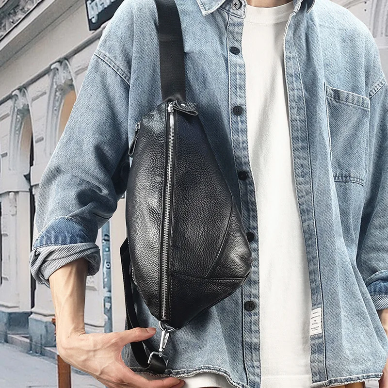 Men's genuine leather chest cover, top-grain cowhide, large-capacity outdoor travel crossbody high-end backpack