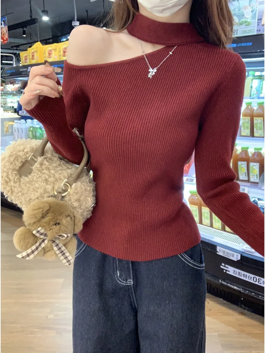 

Красный вязаный базовый топ с открытыми плечами и длинными рукавами для женщин, модный облегающий весенний внутренний слой одежды