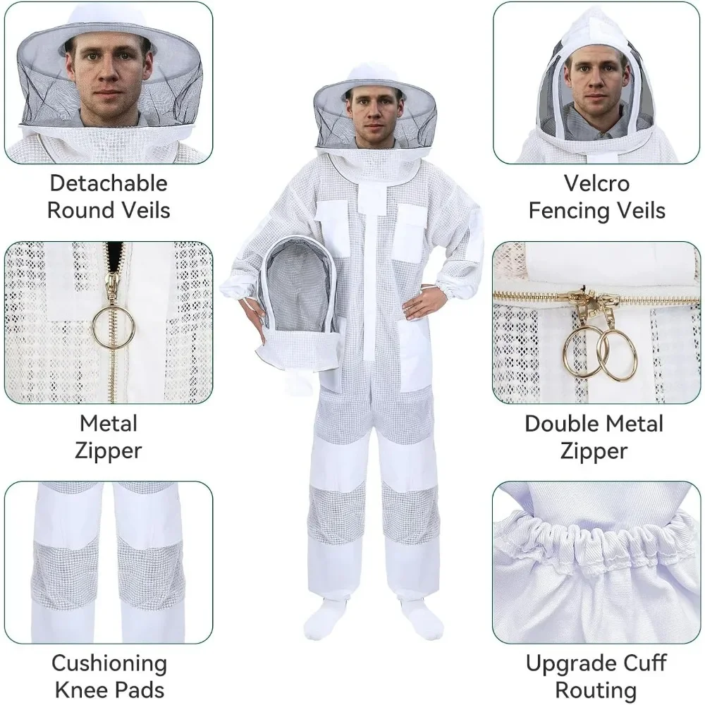 Ventilated Bee Suit, 3 Layer Bee Suit for Men Women, Sting Proof Protective Beekeeping Kit  2 Beekeeping Veils for Beekeepers