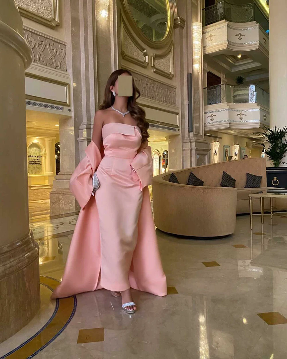 Msikoods Saudi Arabic Women Evening Dress Jacket Maxi Prom Gown Long Sleeves Pink Satin Wedding Party Dress Bespoke Formal Dress