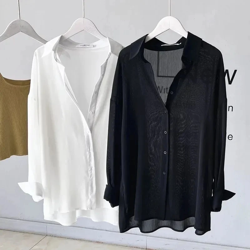 

Oversized Blouses 2025 Women Clothing Solid Color Summer Shirts Fashion Korean Tops See Through Casual Chiffon Camisas De Mujer
