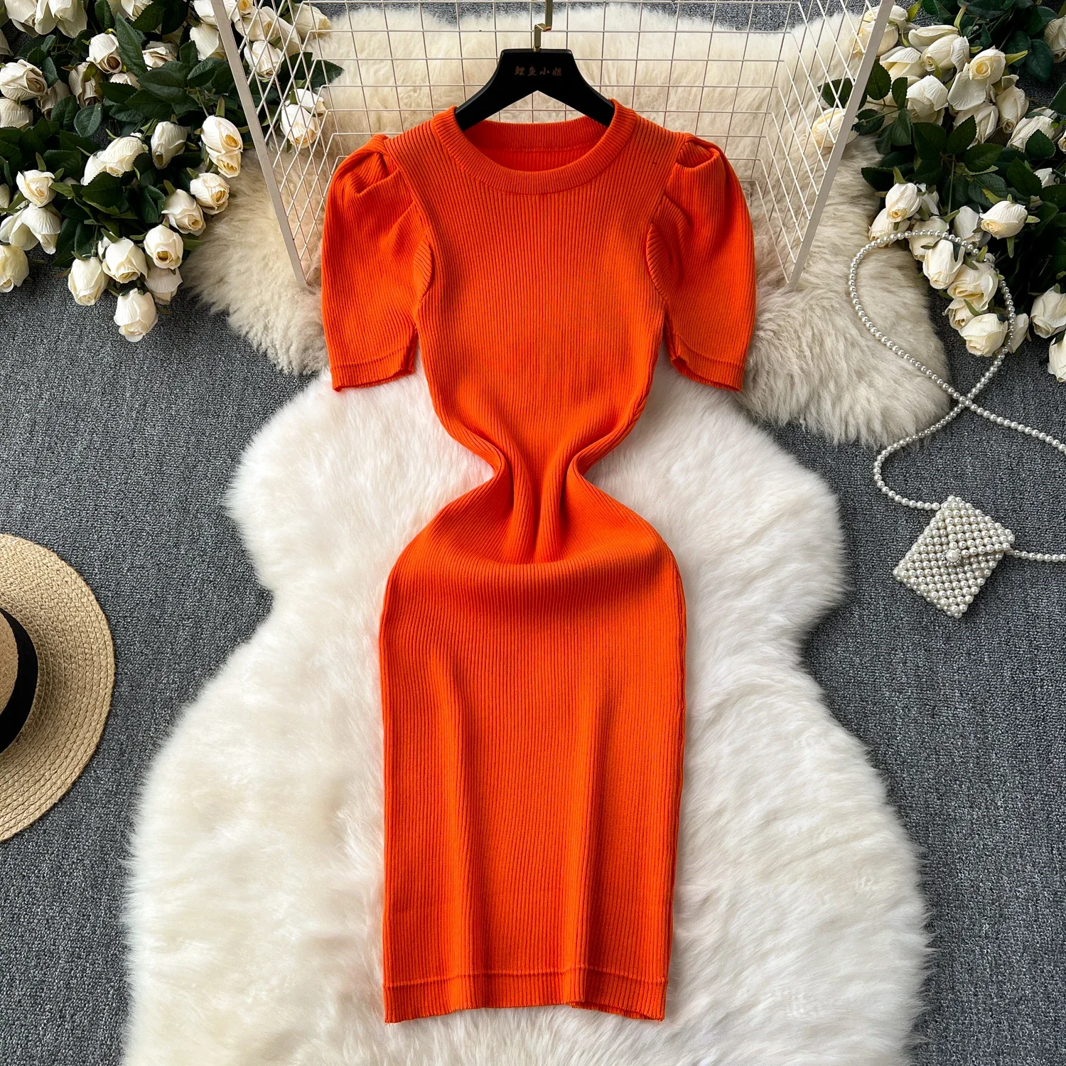 2024 Summer Solid Knit New Sexy O Neck Dress Women Short Puff Sleeve Elatic Waist Bodycon Sundress Female Beach Midi Long Dress