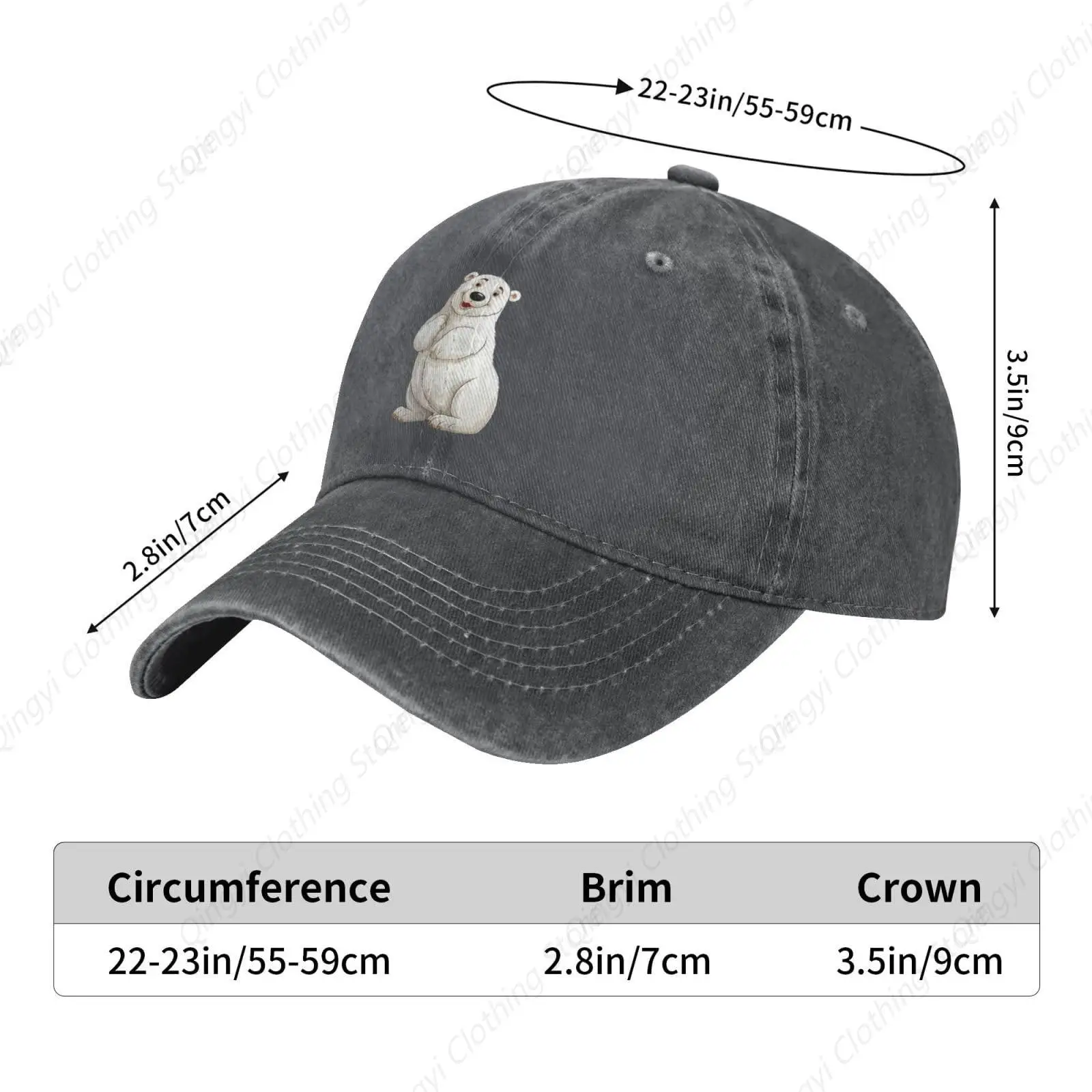 Polar Bear Illustration Stylish Washed Denim Baseball Cap - Adjustable Unisex Hat Deep Heather