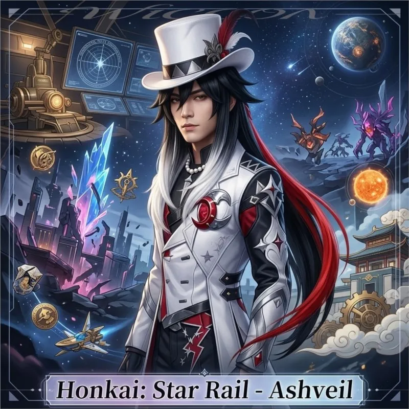 

Ashveil Cosplay Anime Game Honkai：Star Rail Handsome Y2K Long Black Wigs White Gradient Wigs Red Braid Punk Synthetic Hair Cos