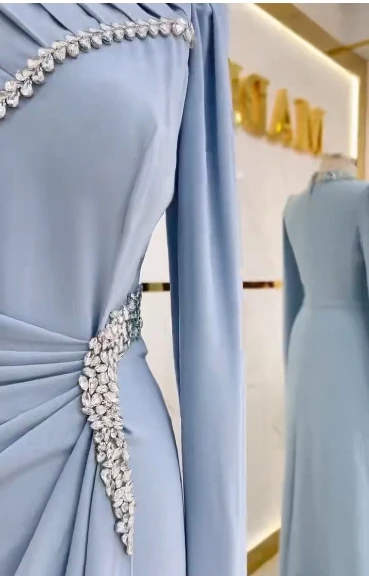 에이트레 2025 머메이드 하이넥 베이비 블루 롱 슬리브 이브닝 드레스 웨딩 파티 프롬 드레스 사우디 아라비아 파티 가운 맞춤 제작