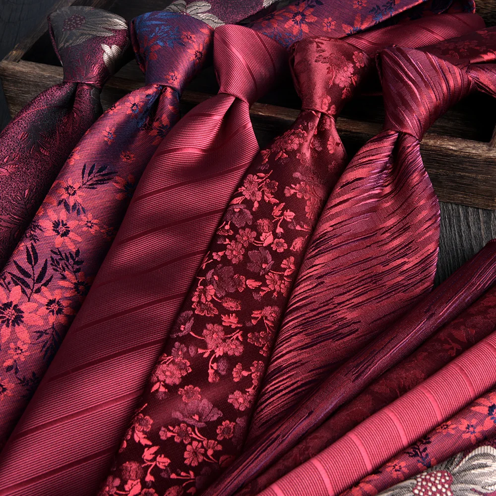 Men's Wine Red Tie & Pocket Square 2Pcs Set, New 8cm Hand Tied Necktie, Wedding Groom Formal Suit Festive Accessories