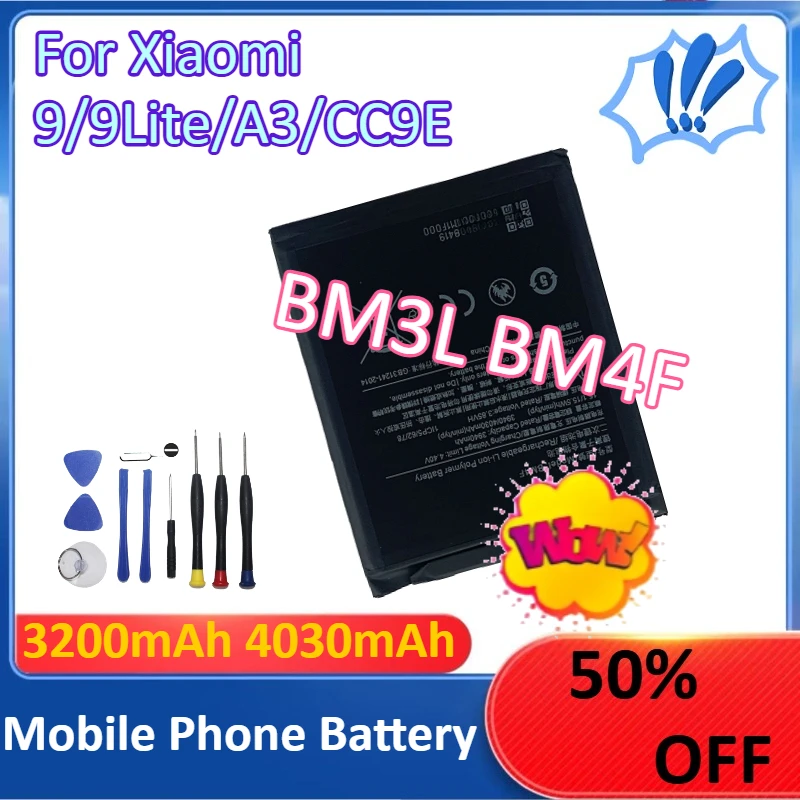 

3200mAh 4030mAh BM3L BM4F Mobile Phone Battery for Xiaomi 9 9 Lite A3 CC9E Lithium Battery +Tools