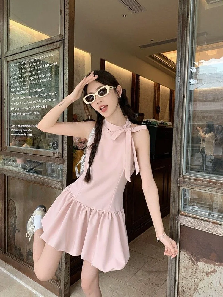 

Розовое летнее платье-сарафан А-силуэта без рукавов для женщин, коллекция 2025 года, с завышенной талией, в стиле «сладкий и пикантный», маленького размера, короткое