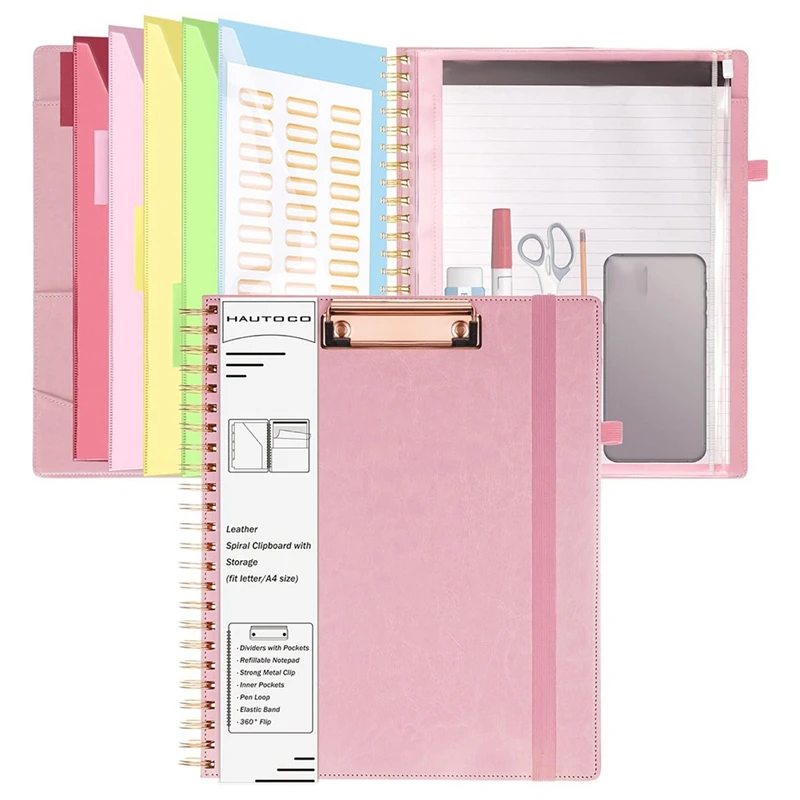 Spiral Clipboard Office Necessities With Storage Zipper Bag, Briefcase Storage Bag With Clipboard Folio, 5 Divided Folders Pink