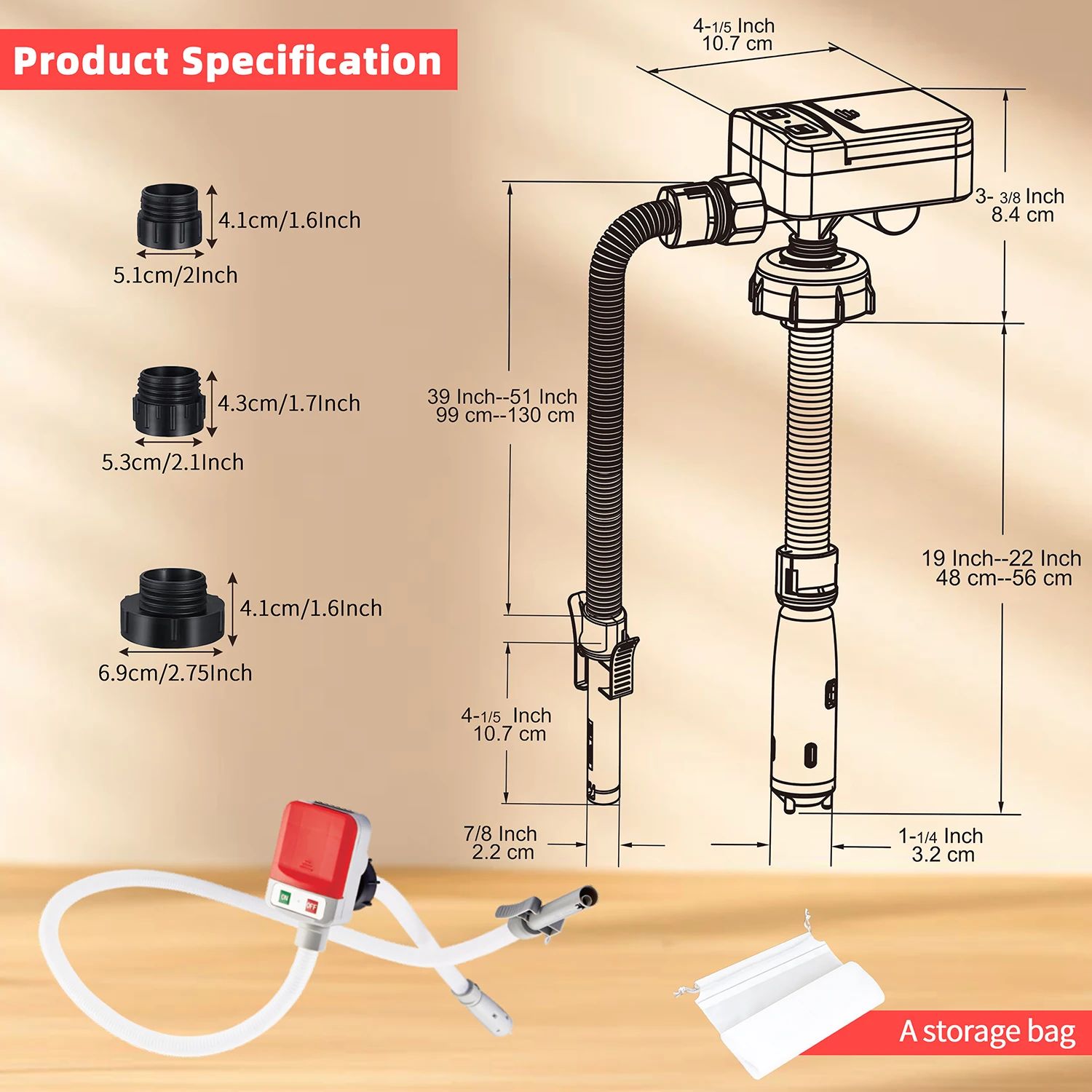 Portable Fuel Transfer Pump, 12V/AA Battery Powered, 3.2 GPM Auto-Stop Safe Pump with 51” Hose & 4 Universal Adapters, for Gas,