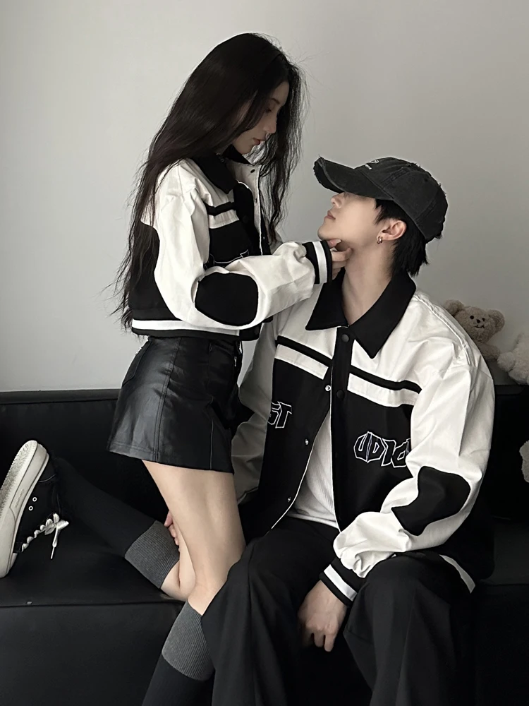 Couples Casual American Style Baseball Jacket Long Short Matching Loose Fit Spring Autumn Trendy Youth  Culture Outerwear
