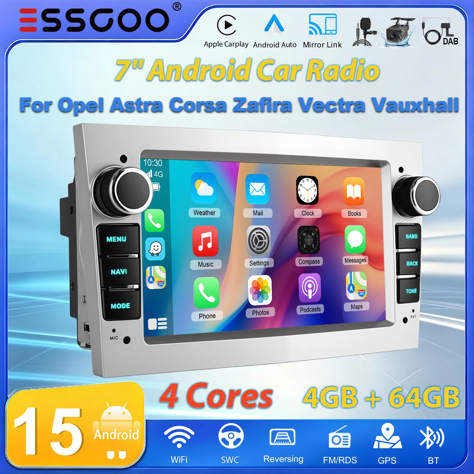 ESSGOO Autoradio Android 7" 2 DIN per Opel Astra, Vectra, Vauxhall, Antara, Zafira, Corsa C, D, Vivaro, Meriva, con Carplay Wireless, Android Auto, Navigazione GPS, Bluetooth, FM, Swc, Wifi, RDS, ASP,