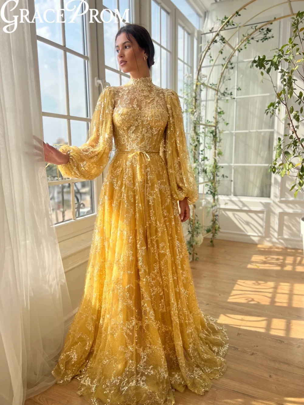 

Yellow Beaded A-line Lace Evening Dress Modest High Collar Long Sleeve Wedding Party Gown Customized Floor-length Prom Dresses