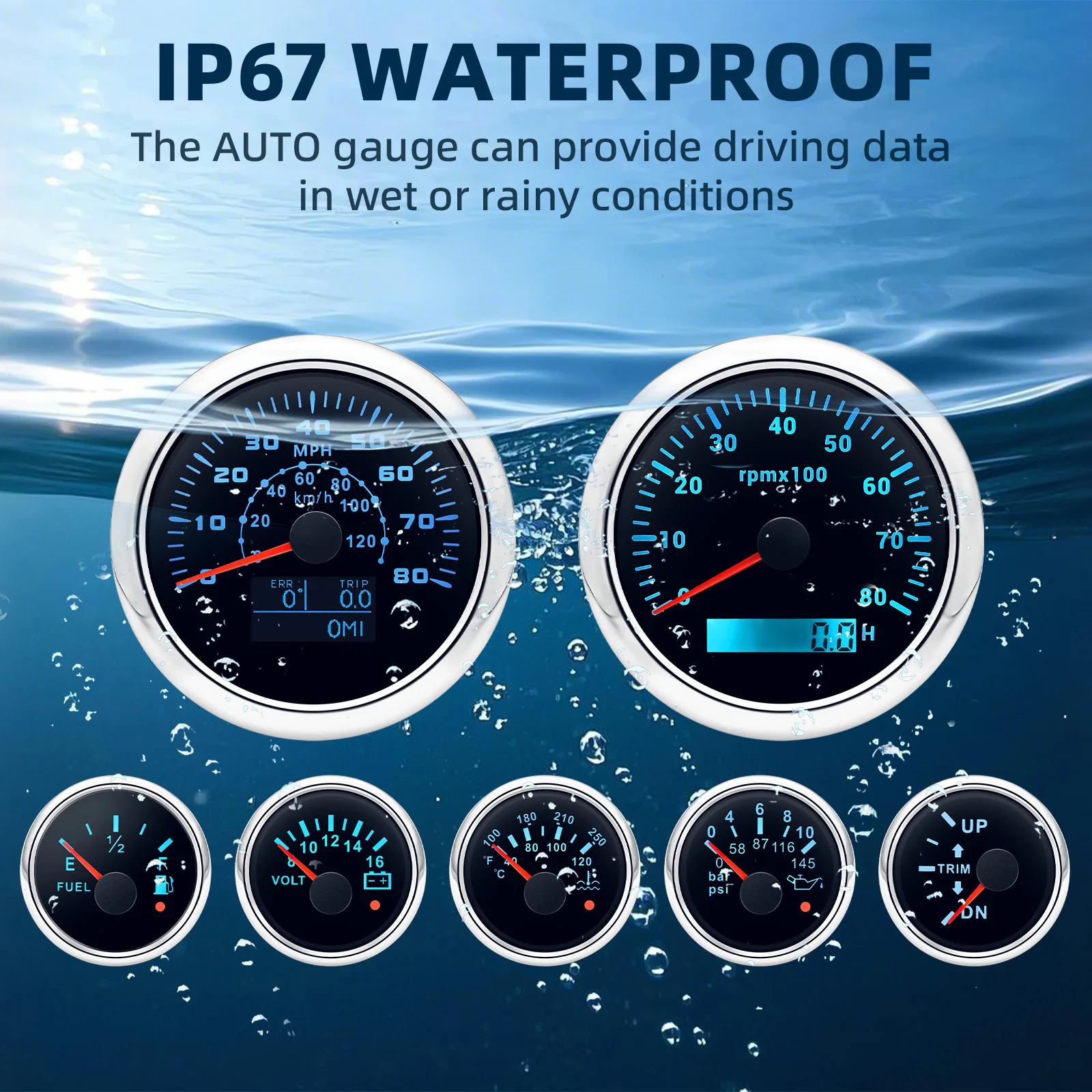 

7 Gauge Set+Sensor 85mm GPS Speedometer Gauge Tachometer 52mm Trim Meter Fuel Gauge Water Temp Oil Pressure Voltmeter 7 Color