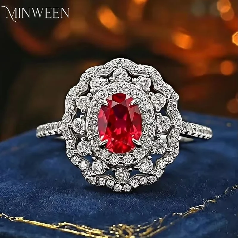 MINWEEN Vintage Lace French Court Style Ring 925 Sterling Silver 1 Ct Lab Ruby Ring For Women Elegant Jewelry