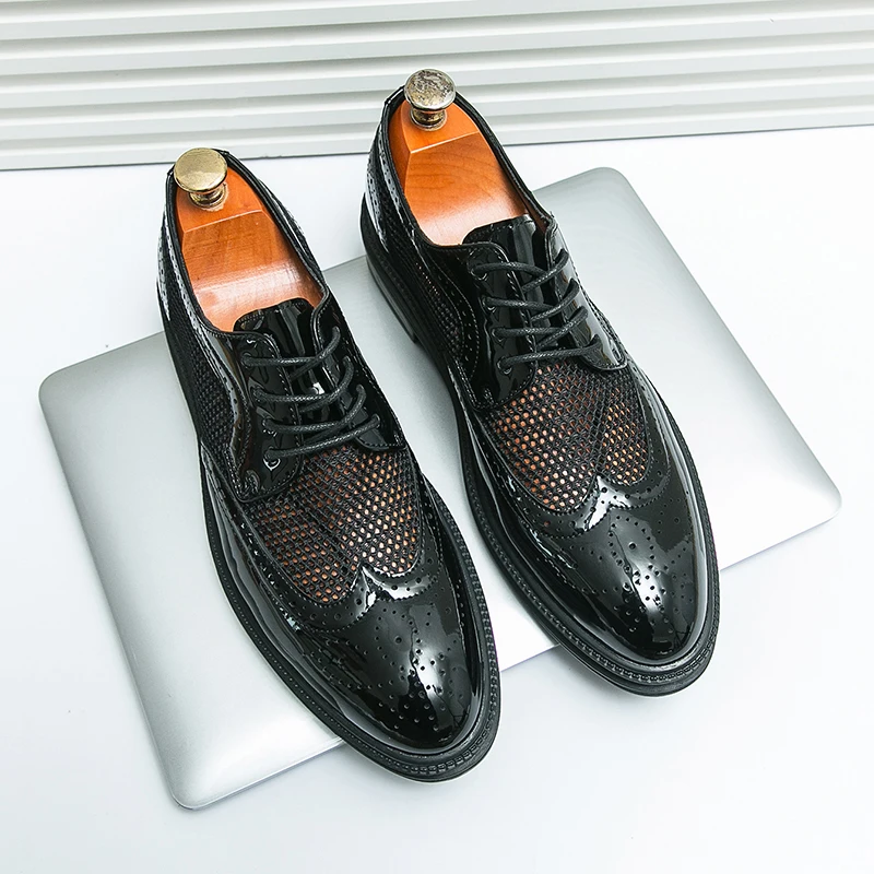 New Fashion Men Oxfords Shoes Genuine Leather Shoes Patent Leather Formal Business Breathable Dress Shoes Hollow Mesh Out Flats