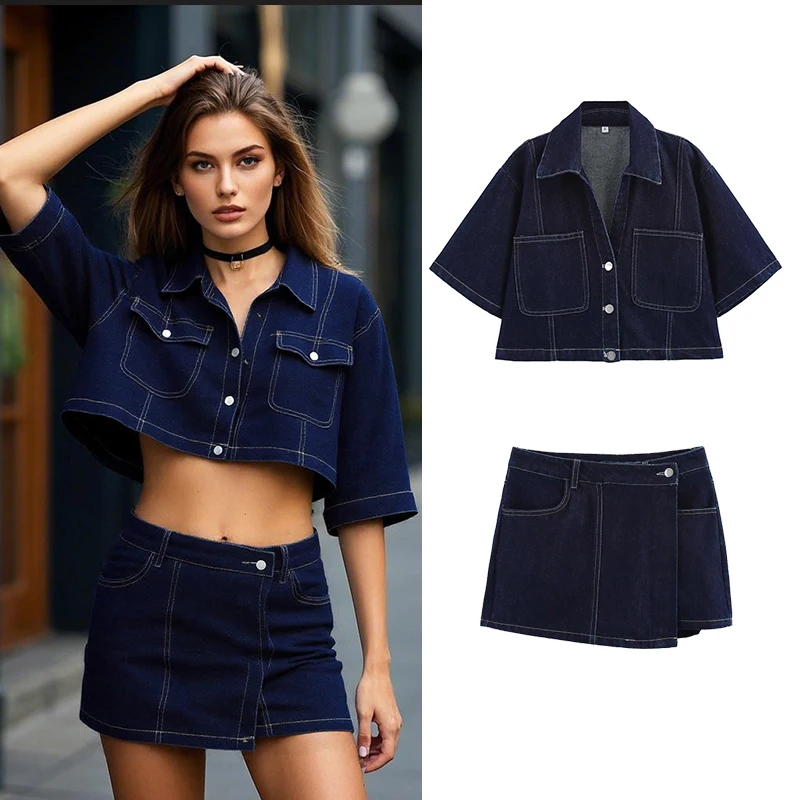

GELITAYIN женский джинсовый комплект, укороченный топ на пуговицах с лацканами, юбка с высокой талией, весенне-осенний повседневный уличный наряд