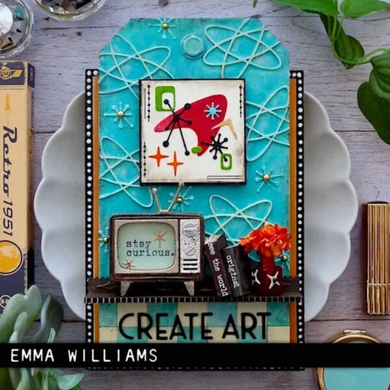 قوالب القطع الذرية الجديدة لعام 2025 بتصميم عتيق لدوامات التلفزيون النجمي العتيق لبطاقات المعايدة ومجلات القصاصات والحرف الورقية