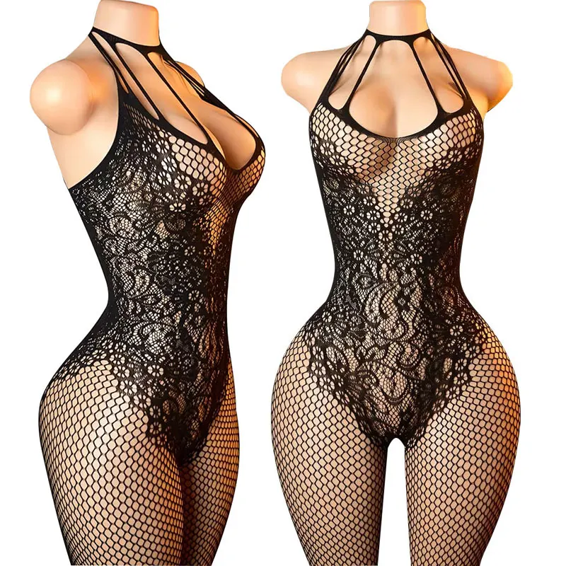 

Sexy Lingerie Bodysuit Women Fishnet Open Crotch Lace Bodystocking for Adult See Through Nightwear