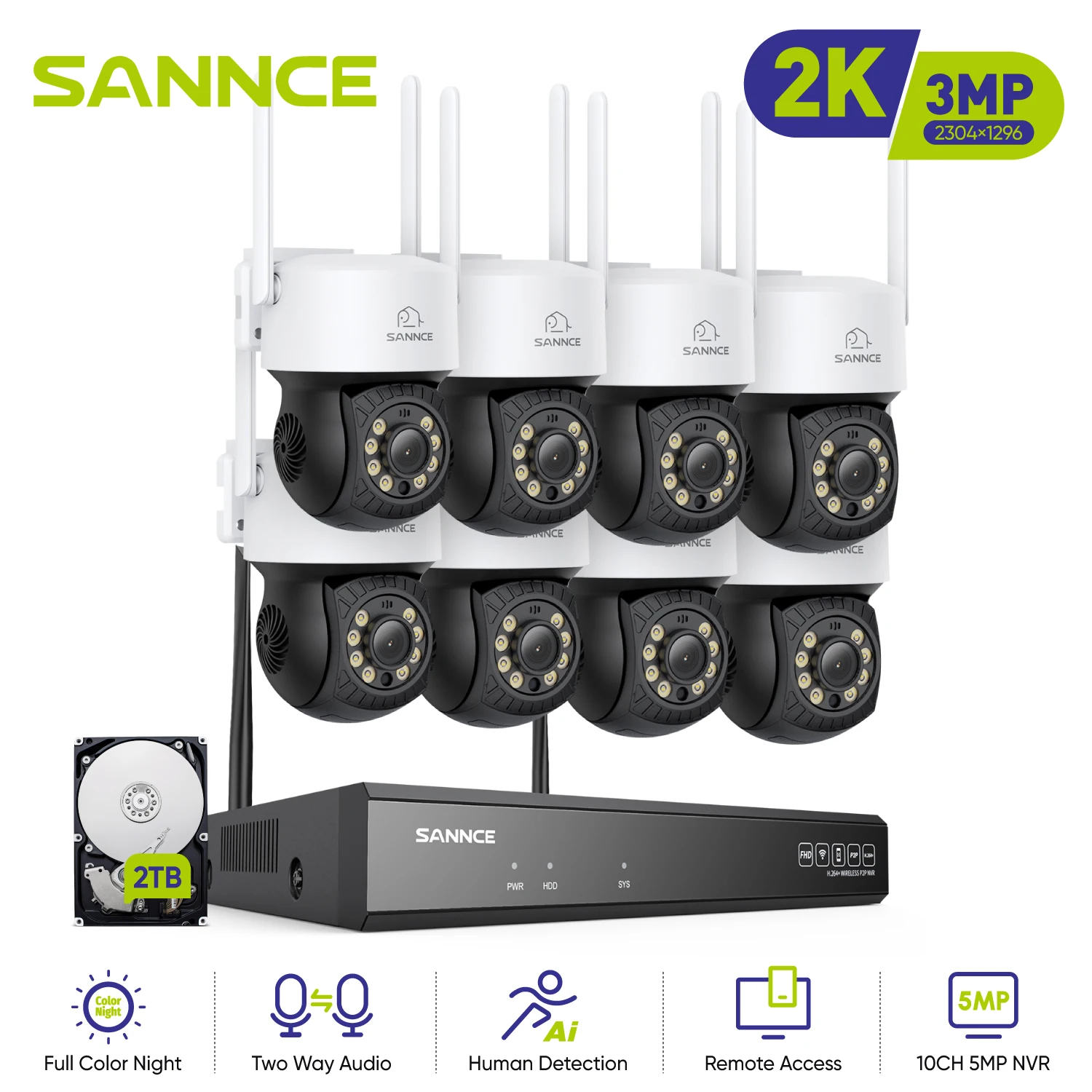 

SANNCE 10CH Wifi Security Camera NVR System Outdoor Night Vision 3MP Email Alert Two way Voice IP66 CCTV Surveillance Camera Kit