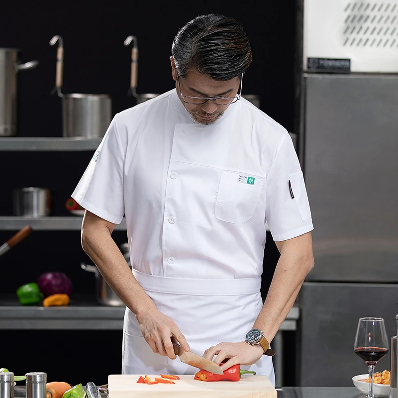 Chaquetas de Chef de manga corta para cocina, uniforme de Chef para restaurante, camisa con logotipo personalizado, servicio de panadería, vestido de Chef transpirable, delantal blanco para hombres
