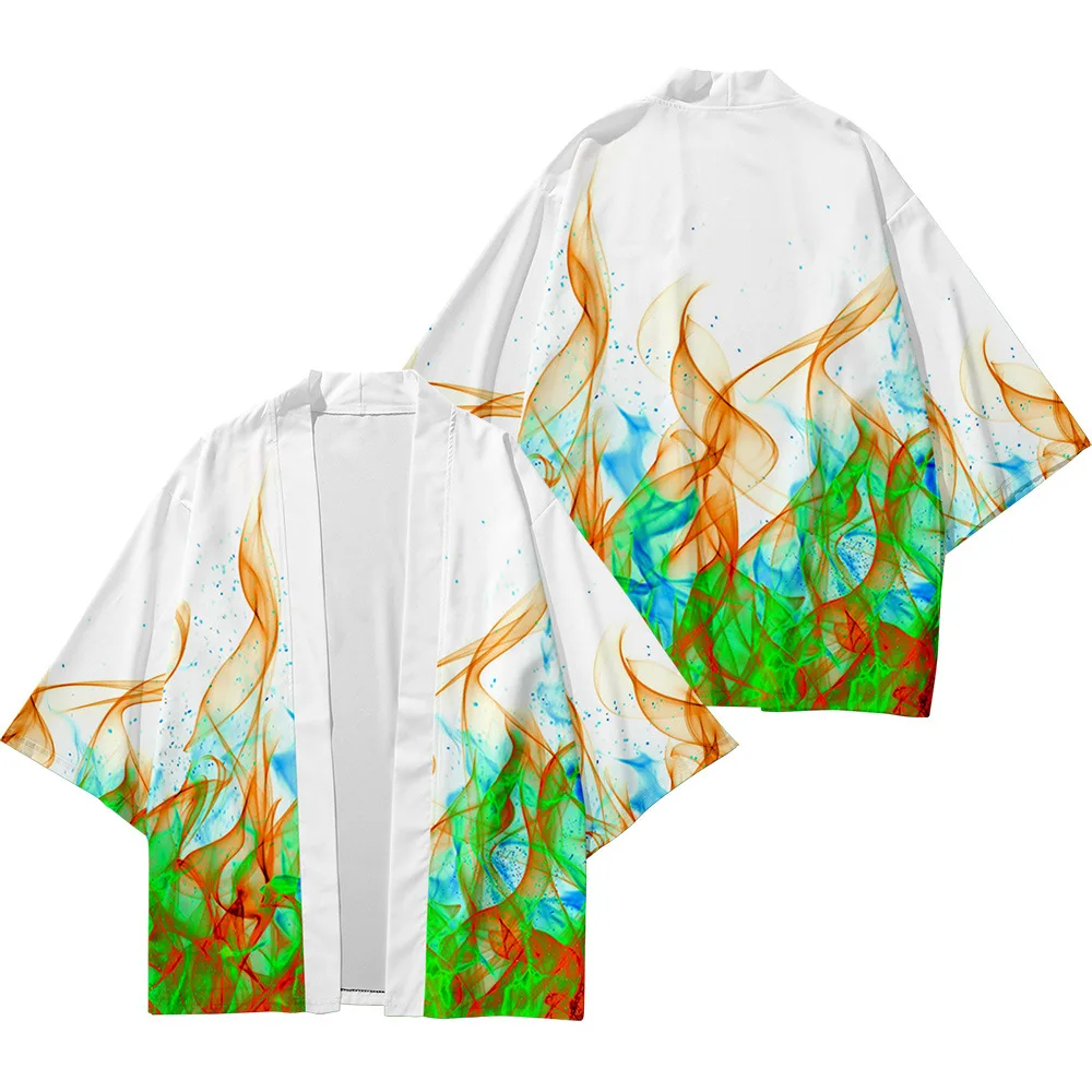 Serin Kimonos hırka japon moda Cosplay kostüm Haori 3D alev Kimono kadın erkek gömlek yaz plaj Yukata için Tops