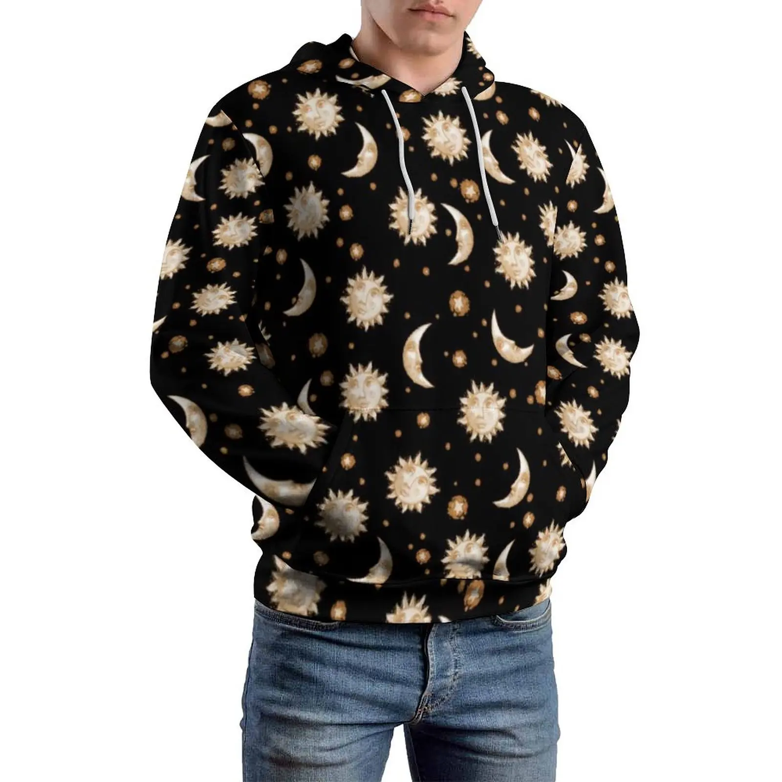 

Vintage Moon Gold Casual Hoodies Celestial Sun Classic Hoodie Male Long Sleeve Kawaii Design Clothes Big Size 4XL 5XL