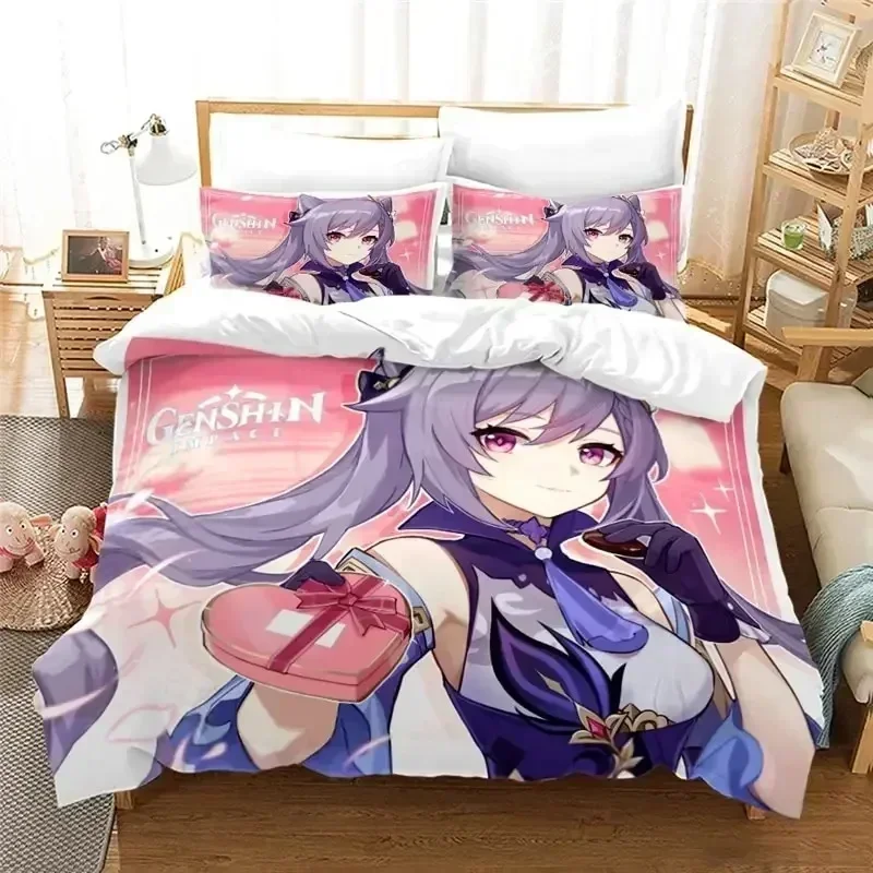 Anime Genshin Impact Paimon Bedding Set Duvet Cover Sheet Printed Bed Set Pillowcase Bed Full Queen King Size Comforter Bedroom
