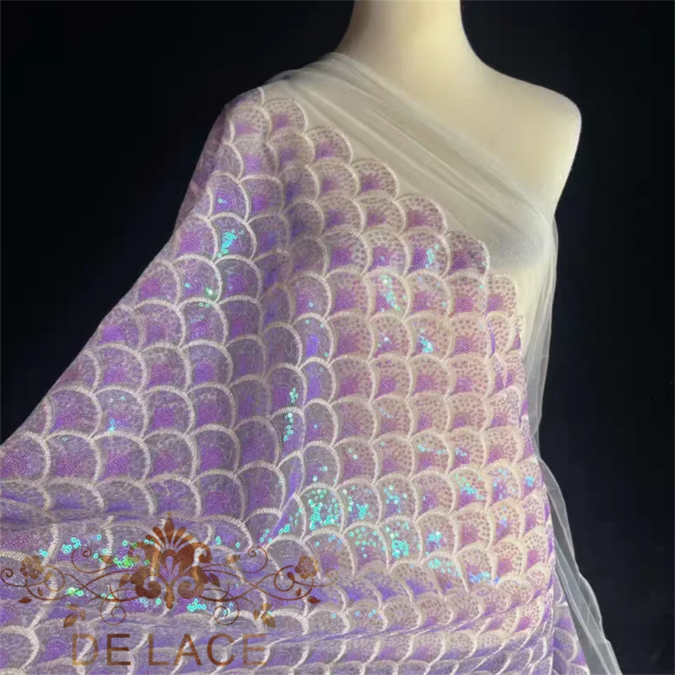 

HS Iridescent Embroidered Fish Scale Sequins Laser Tulle Fabric Dreamy Wedding Dress Special Fashion Fabric