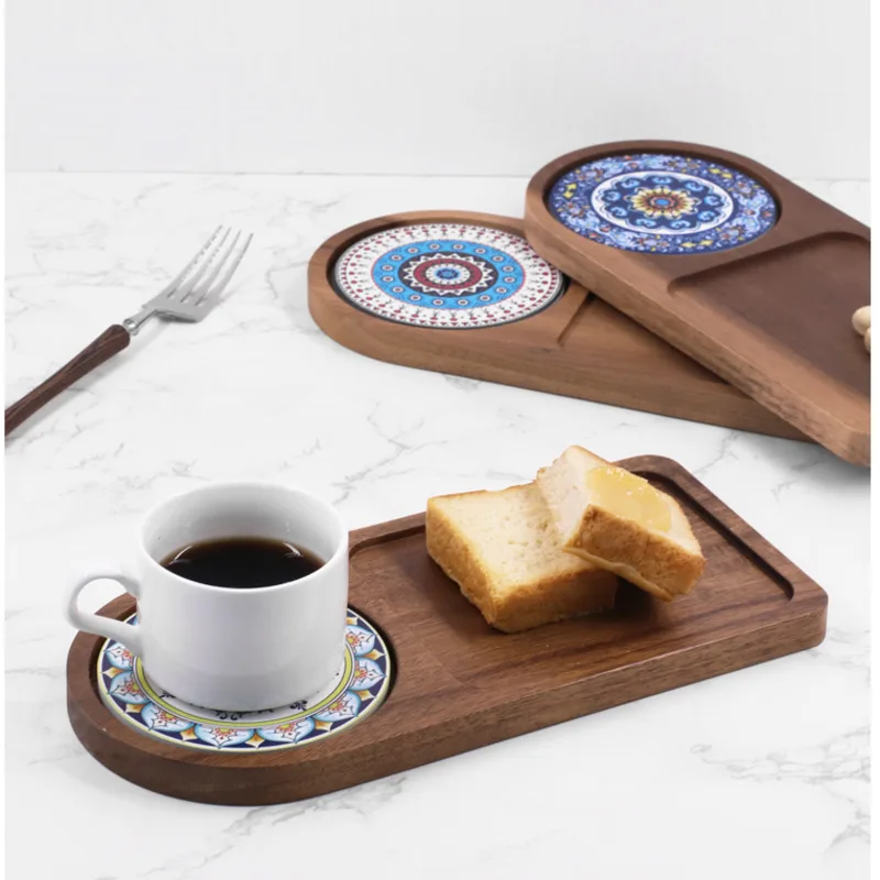 

Solid Wood Tray Breakfast Tray Dried Fruit Tray Household Walnut Tray Cup Pad Japanese Bread Dim Sum Western Serving