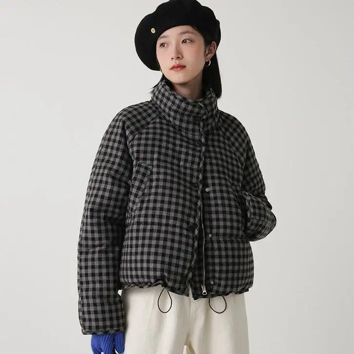 

Белое пуховое пальто в клетку с воротником-стойкой, ветрозащитное, модное, женское