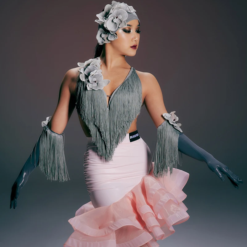 

High-End Latin Dance Dress For Women Fringe Top Fish Bone Skirt Suit Chacha Rumba Tango Adult Latin Dance Costumes DQS16186