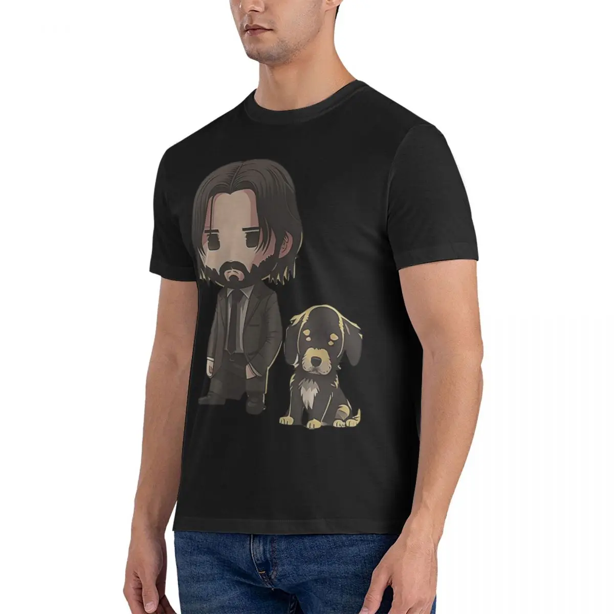 Cute John Wick With Pup T Shirt for Men 100% Cotton Novelty T-Shirts Round Collar keanu reeves T Short Sleeve Clothing 4XL 5XL