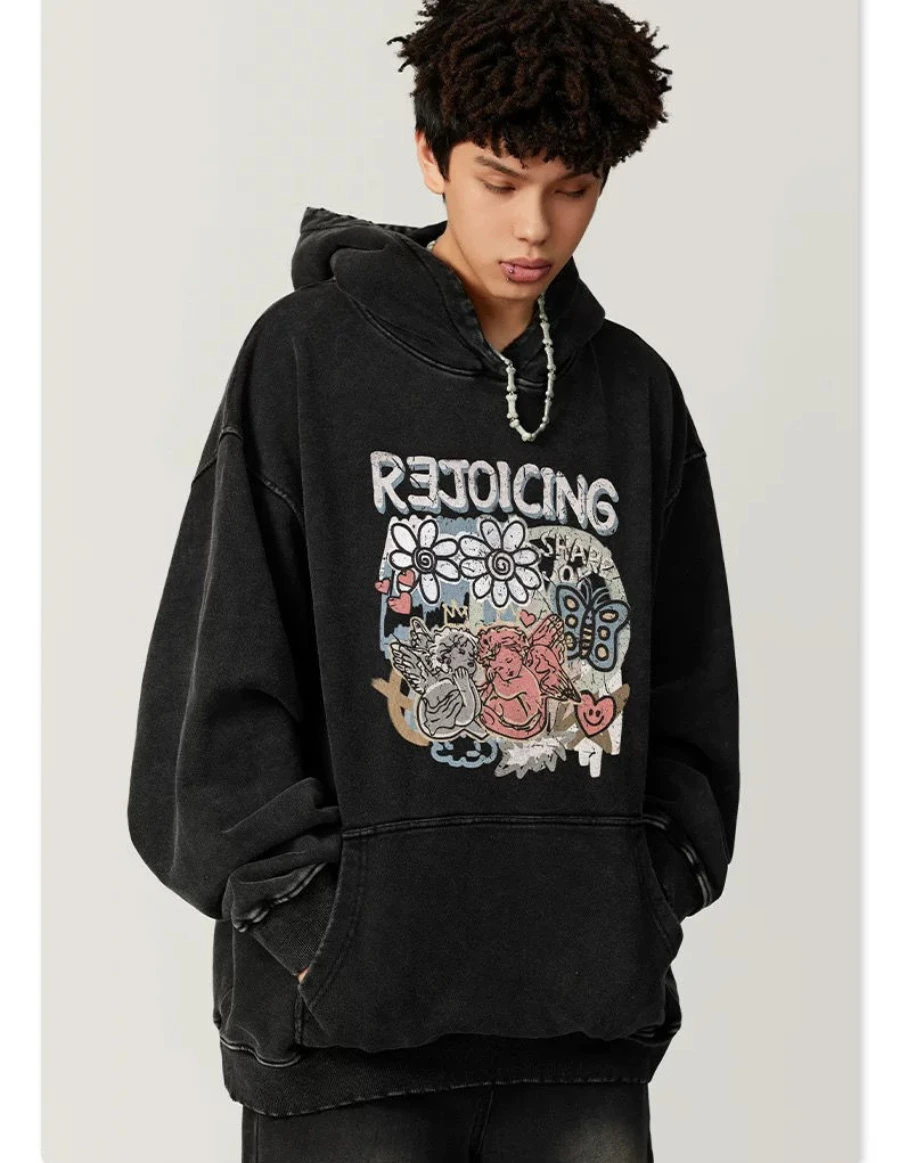 2024 autumn and winter American Harajuku retro washed batik printed hooded sweatshirt street loose heavyweight y2k clothes