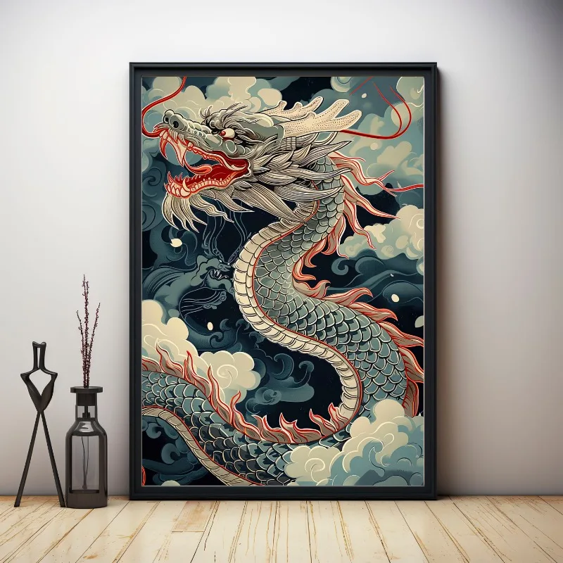 Chinese Dragon Poster Japanese Sakura Dragons Ukiyo-e Inspired Canvas Painting Print Asian Wall Art Picture for Room Home Decor