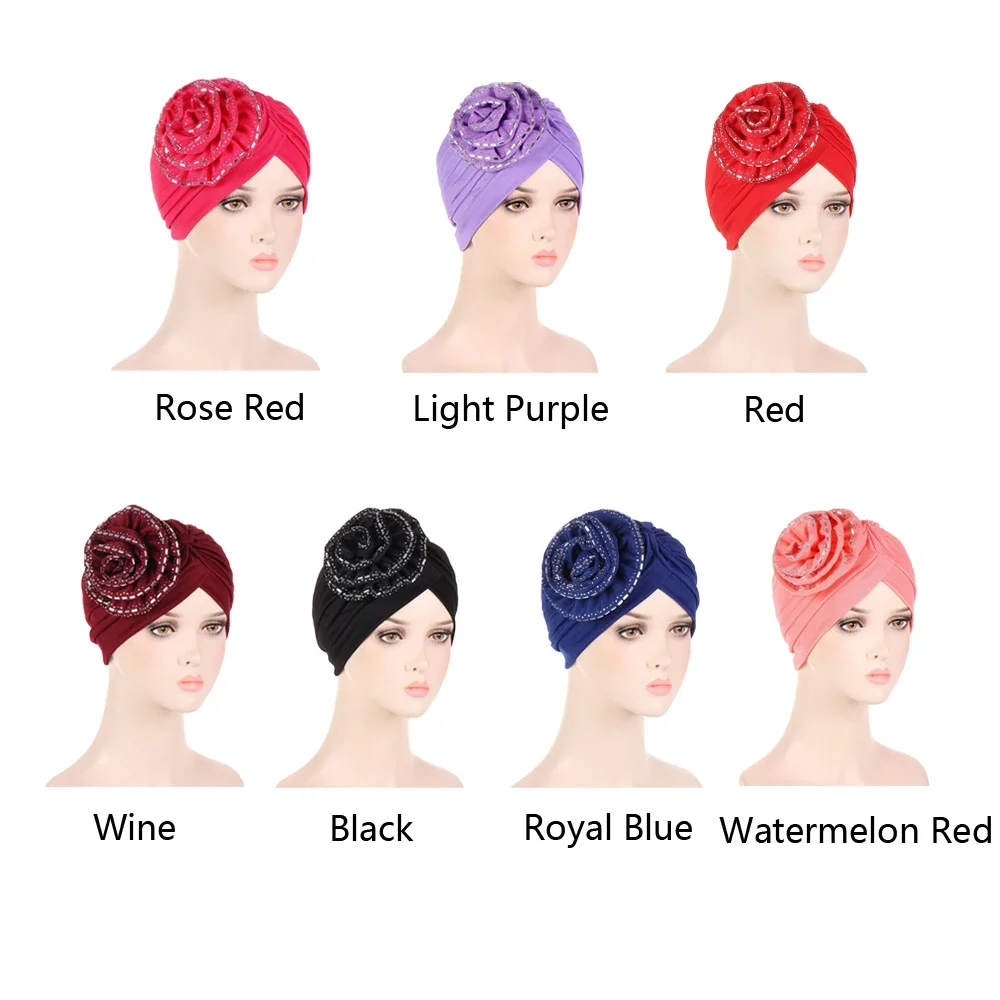 

Последний тюрбан с бриллиантами и цветком для женщин, мусульманский хиджаб, платок, шапка, головной убор для свадебной вечеринки, Turbante Mujer, африканский головной убор