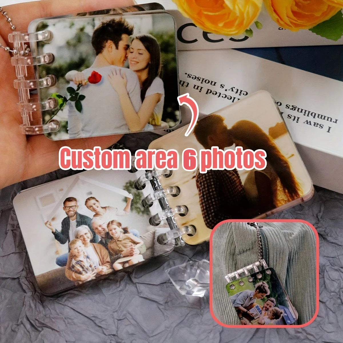 Customized Acrylic Photo Album Bags with 6/8 Photos, Personalized Handbag Accessory Chains, Custom Picture Keychains, Customizable Family/Couple/Personal Art Photos Valentine's Day, Mom, Girlfriend